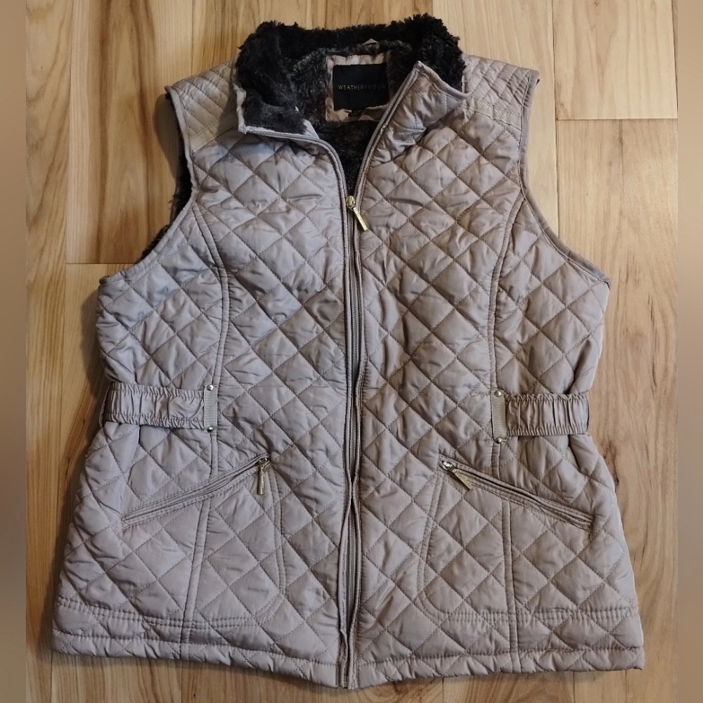 Weatherproof faux fur lined Tan puffy vest women's size large